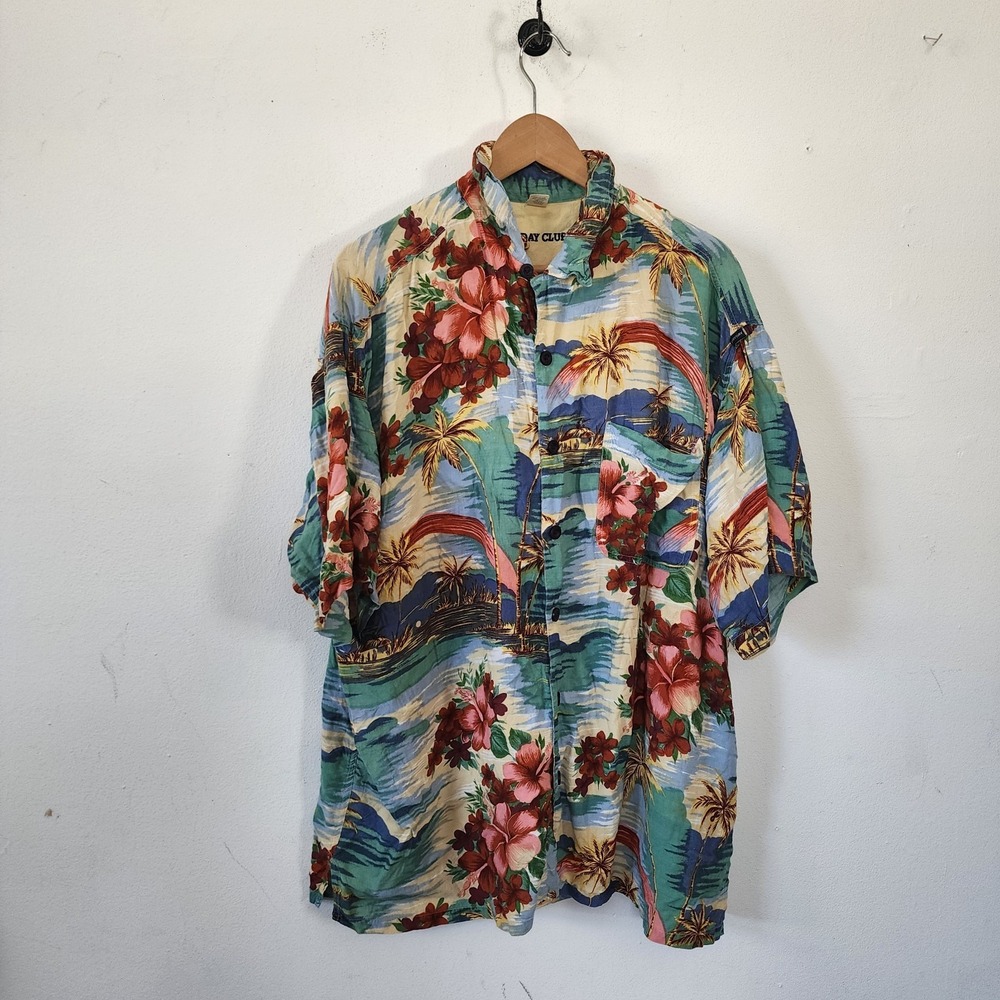 Friday Club Mens XL Aloha Hawaiian Shirt 100% Rayon Blue Beach Scene Island